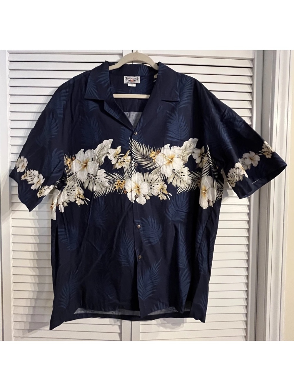 Pacific Legend Apparel Blue Hawaiian Shirt White Flowers